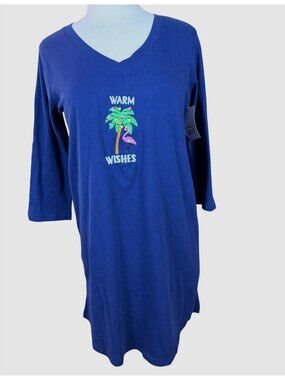Pillow Talk Nightshirt Blue Embroidered  Holiday Palm Tree & Flamingo Med NWT